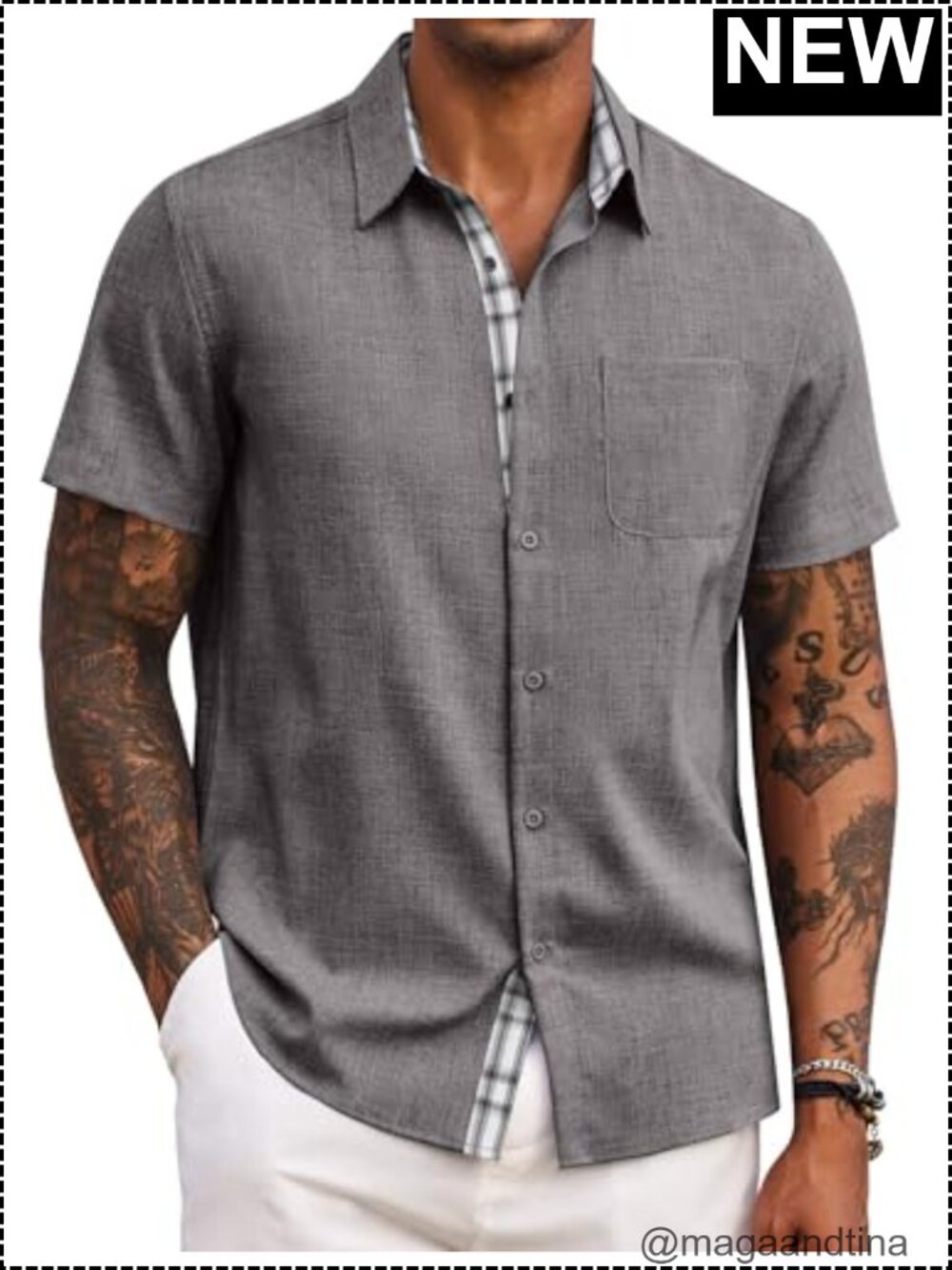 Men's Short Sleeve Button Down Shirt Casual Summer Beach Wedding Top with Pocket